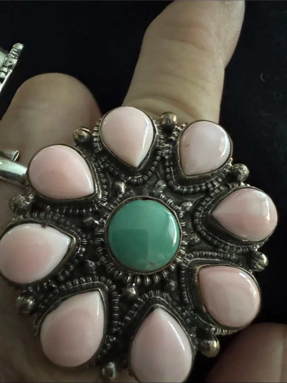 Pink conch and Navajo turquoise Flower Ring stainless steel